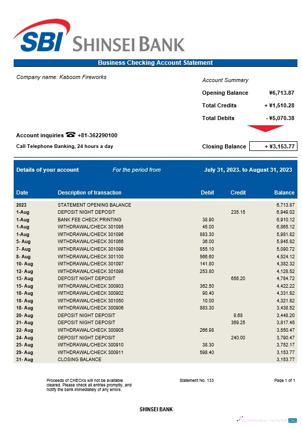 Download Shinsei Bank business statement Word and PDF template Photoshop template